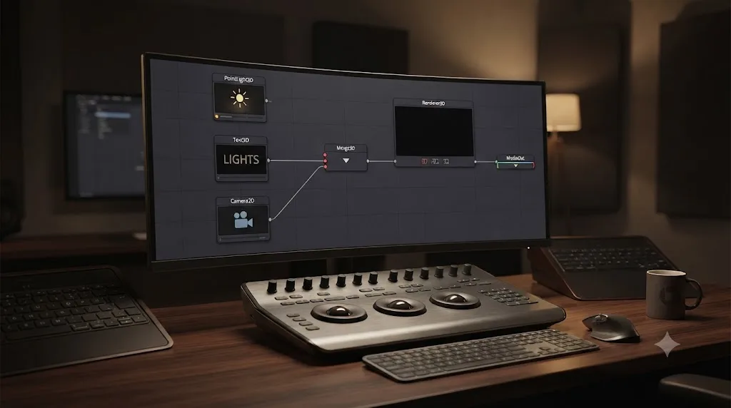 Illustration of a DaVinci Resolve Fusion light node left unconnected from the Merge 3D node, producing a black scene in the viewer