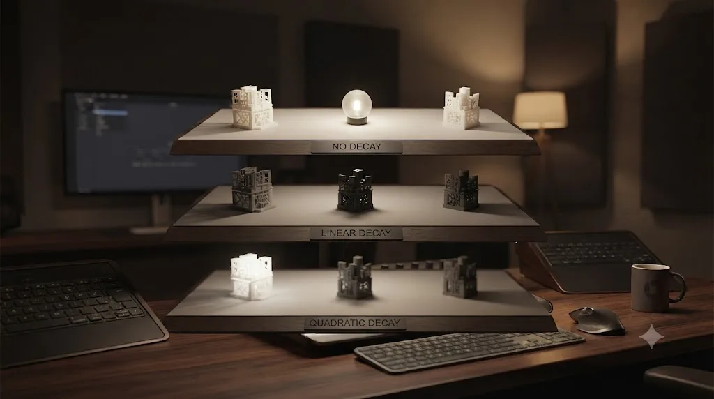 Illustration comparing DaVinci Resolve Fusion Point Light falloff settings, No Decay, Linear, and Quadratic, across objects at different distances