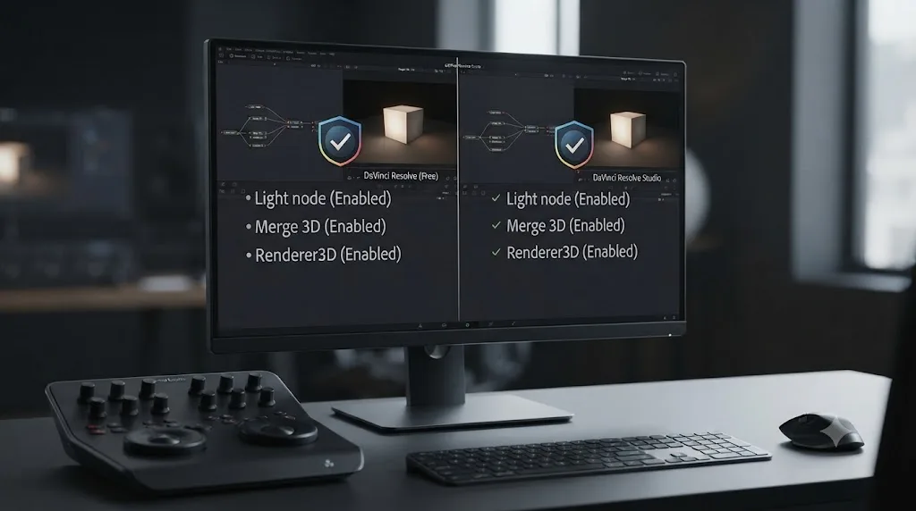 Illustration comparing DaVinci Resolve's free and Studio versions, both showing the Fusion Light node, Merge 3D, and Renderer3D available
