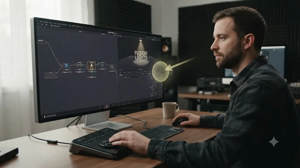 Illustration of a person lighting a DaVinci Resolve Fusion 3D scene on a Mac with an on-screen assistant highlighting a specific control