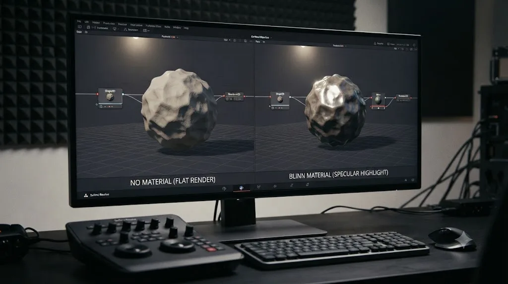 Illustration comparing a DaVinci Resolve Fusion 3D object with no material rendering flat versus one with a Blinn material showing a lit highlight