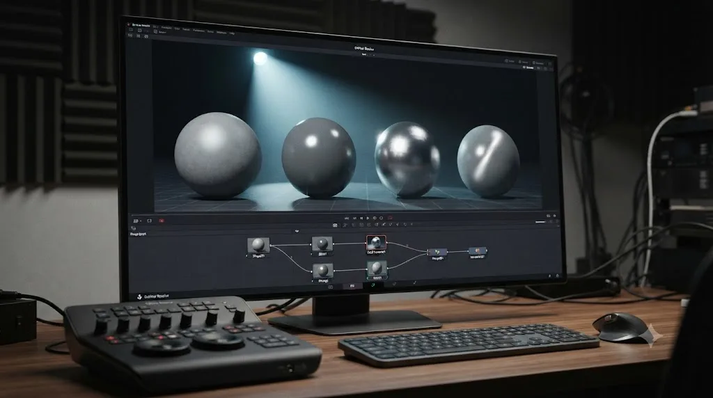 Illustration comparing DaVinci Resolve Fusion's Blinn, Phong, Cook Torrance, and Ward materials on identical spheres under the same light