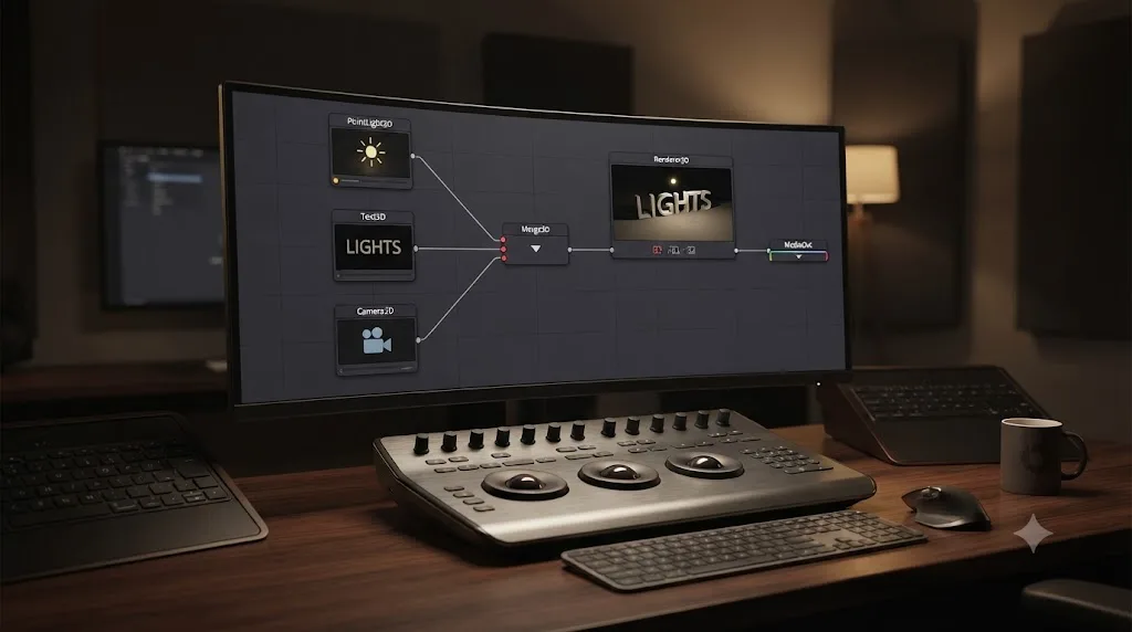 Illustration of a step-by-step DaVinci Resolve Fusion node chain connecting a light, geometry, and camera through Merge 3D into Renderer3D