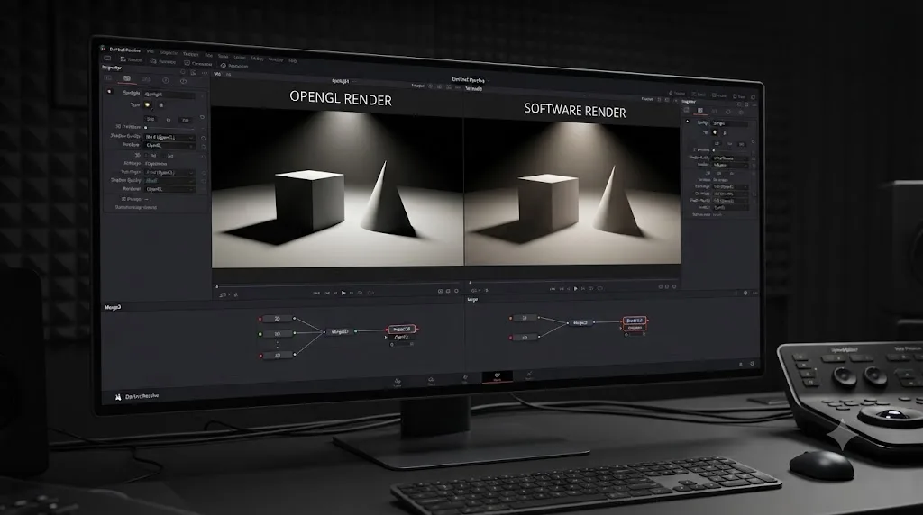 Illustration comparing a hard-edged DaVinci Resolve Fusion shadow rendered with OpenGL against a soft-edged shadow rendered with Software