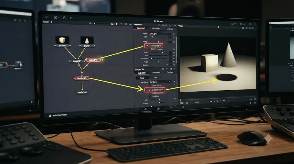 Illustration of the two Enable Shadows checkboxes in DaVinci Resolve Fusion, on the Spot Light and the Renderer3D node, both required for a visible shadow