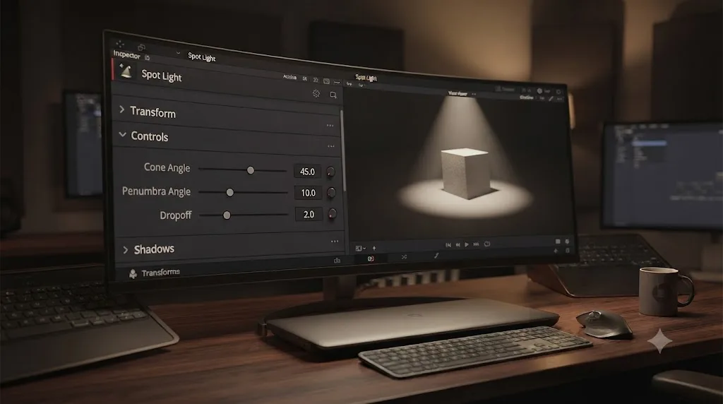 Illustration of the DaVinci Resolve Fusion Spot Light node's Inspector panel showing Cone Angle, Penumbra Angle, and Dropoff controls