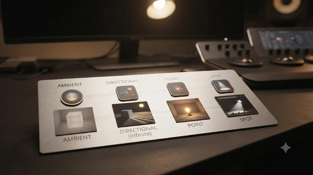 Illustration comparing DaVinci Resolve Fusion's four light types, Ambient, Directional, Point, and Spot, and their light patterns