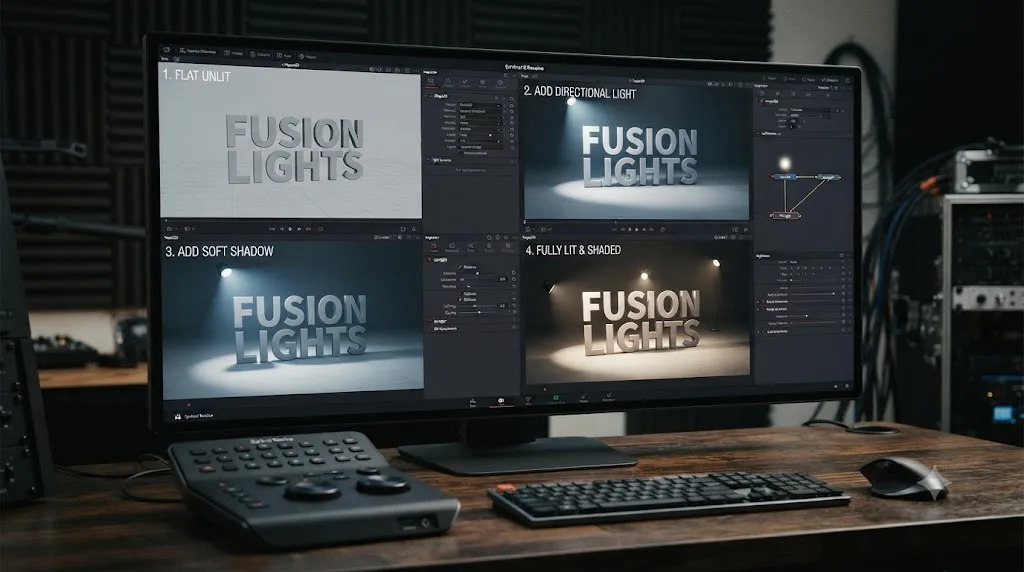 Illustration of a step-by-step worked example lighting a DaVinci Resolve Fusion 3D text logo from flat to fully lit with a shadow