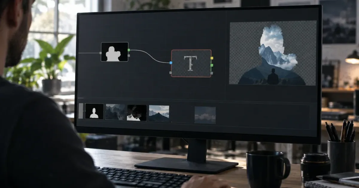 Illustration of a Fusion mask controlling a Text+ title in DaVinci Resolve