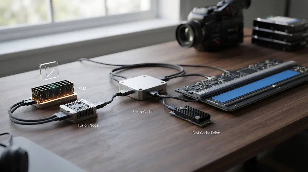 Illustration of Fusion RAM playback and DaVinci Resolve Smart Cache