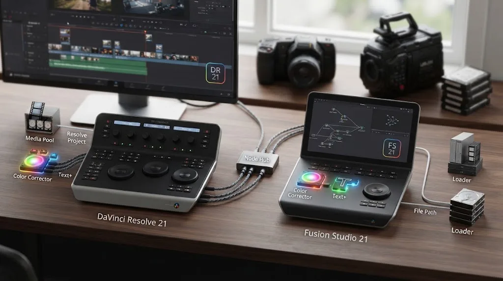 Illustration of DaVinci Resolve 21 Fusion and Fusion Studio 21 as connected but distinct applications