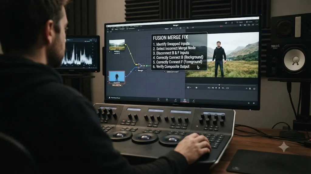 Illustration of a step-by-step checklist for fixing swapped Merge node inputs in DaVinci Resolve Fusion