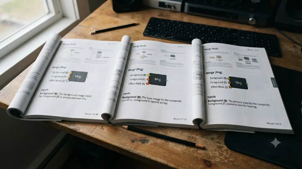 Illustration comparing yellow, orange, and gold labels for the Fusion Merge node's Background input across different manual versions