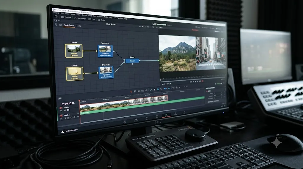 Illustration of a Fusion Merge node chain built automatically from Edit page clips for a split screen composite