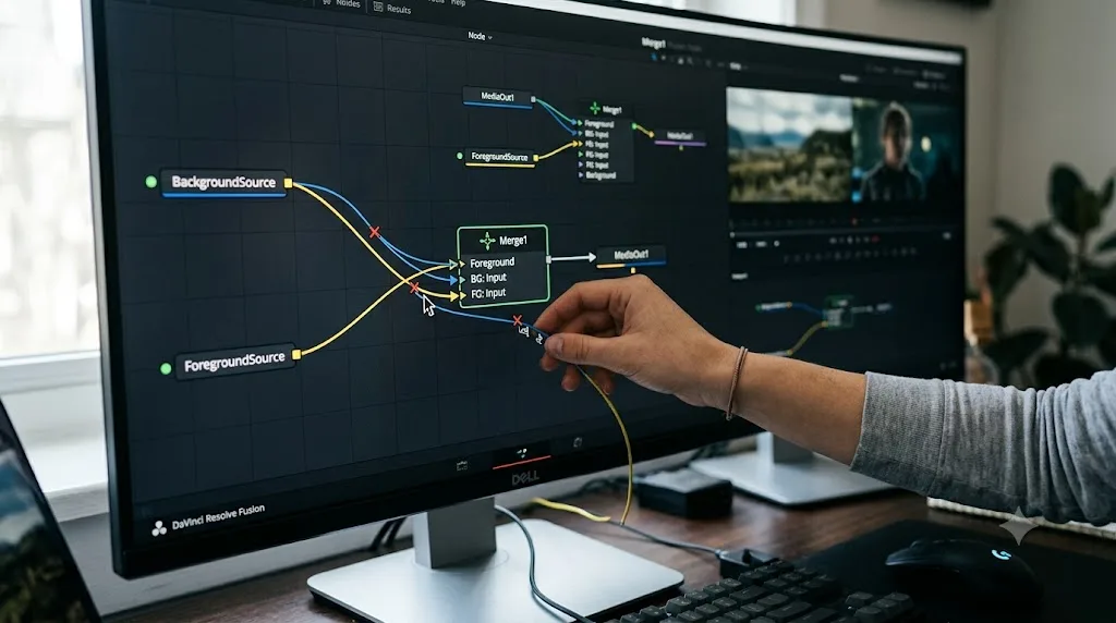 Illustration of disconnecting and correctly reconnecting a Fusion Merge node's Background and Foreground inputs