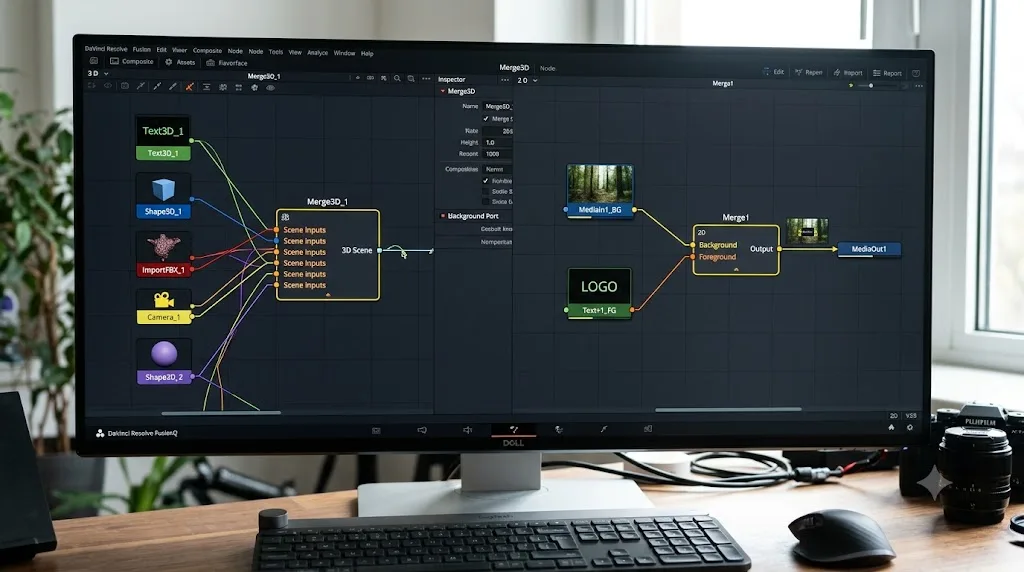 Illustration comparing a Fusion Merge3D node's unordered connections to a 2D Merge node's distinct Background and Foreground inputs