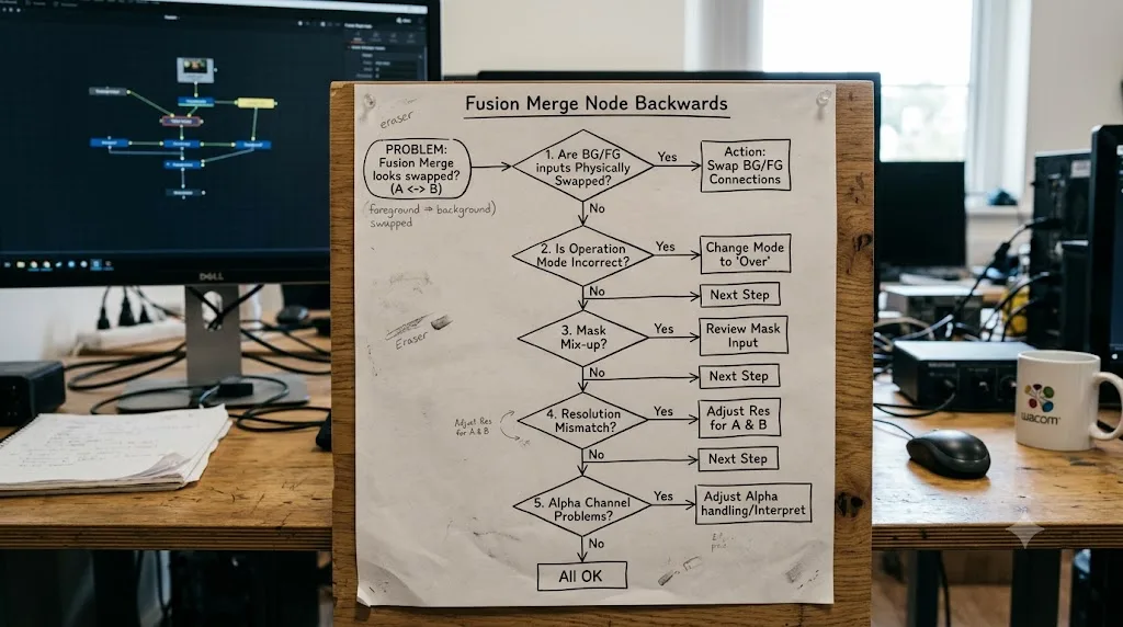 Illustration of a decision tree diagnosing Fusion Merge node problems that look like a backwards composite