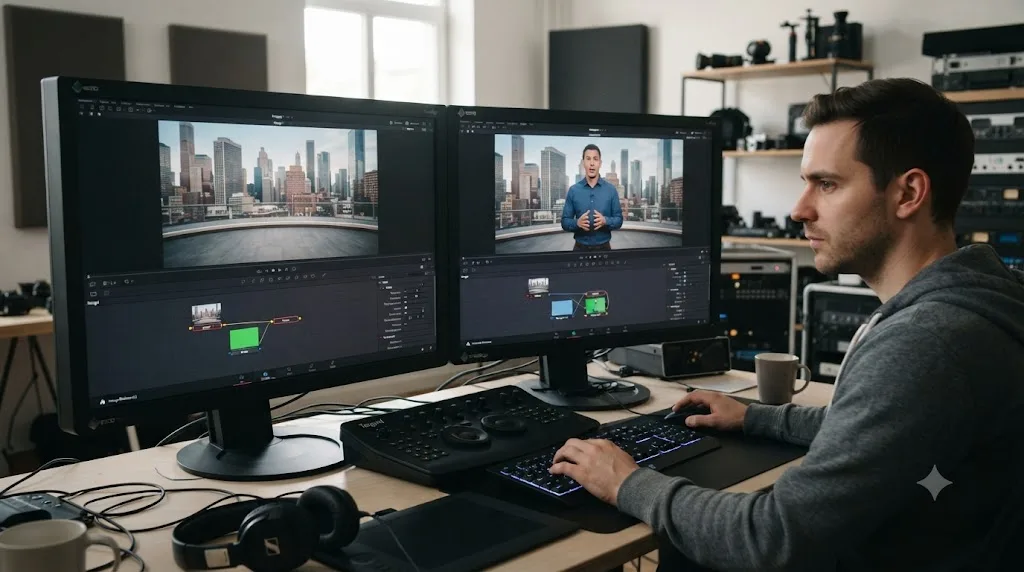 Illustration of a worked example fixing a Fusion green screen composite hidden by a swapped Merge node background