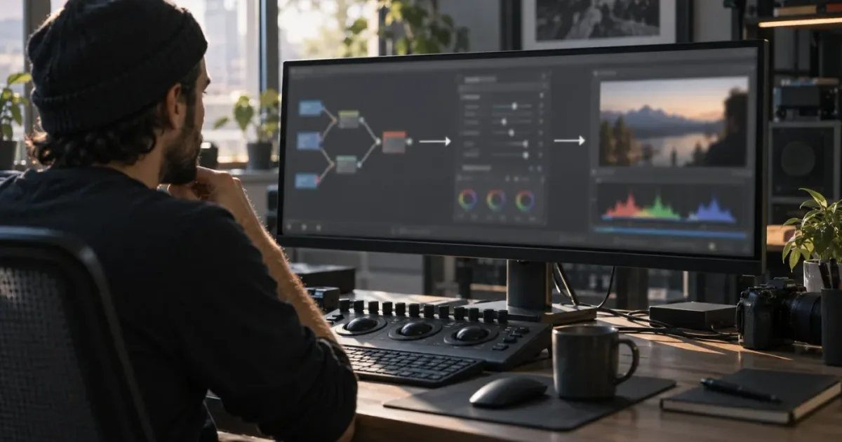 Illustration of DaVinci Resolve Fusion nodes connected to an Inspector panel
