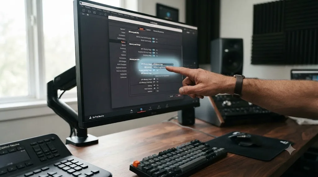 Illustration of an on-screen assistant highlighting a specific setting inside a DaVinci Resolve preferences panel