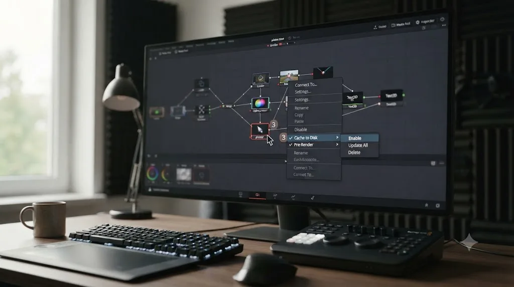 Illustration of a DaVinci Resolve Fusion node context menu with Cache to Disk and Pre-Render options highlighted