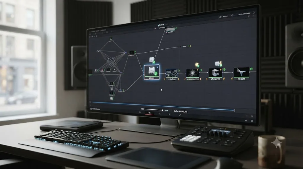 Illustration of a Fusion node graph with a particle generator node cached to disk while downstream nodes render smoothly