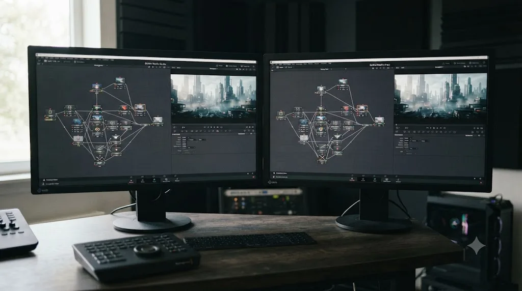 Illustration of DaVinci Resolve free and Studio edition icons with the same Fusion node graph behaving identically under both
