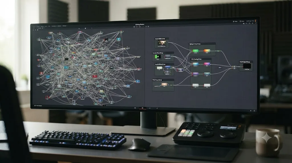 Illustration of a DaVinci Resolve Fusion node graph before and after being simplified into grouped macros