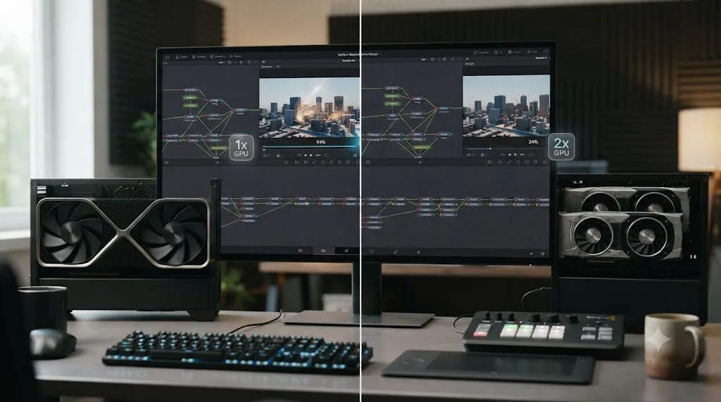 Illustration comparing a single strong GPU against two weaker GPUs for DaVinci Resolve Fusion rendering performance