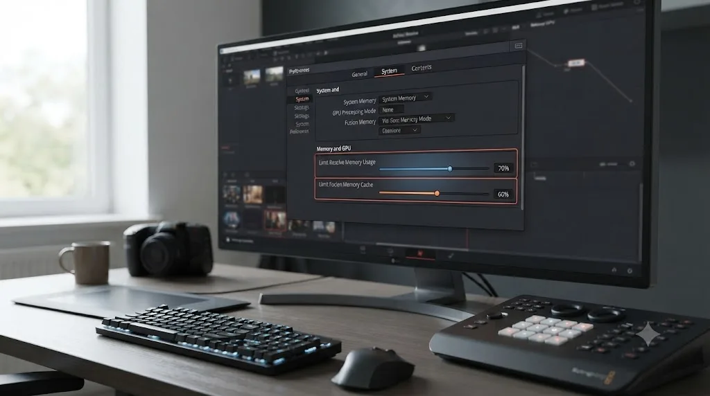 Illustration of a DaVinci Resolve preferences panel with Limit Resolve Memory Usage and Limit Fusion Memory Cache sliders