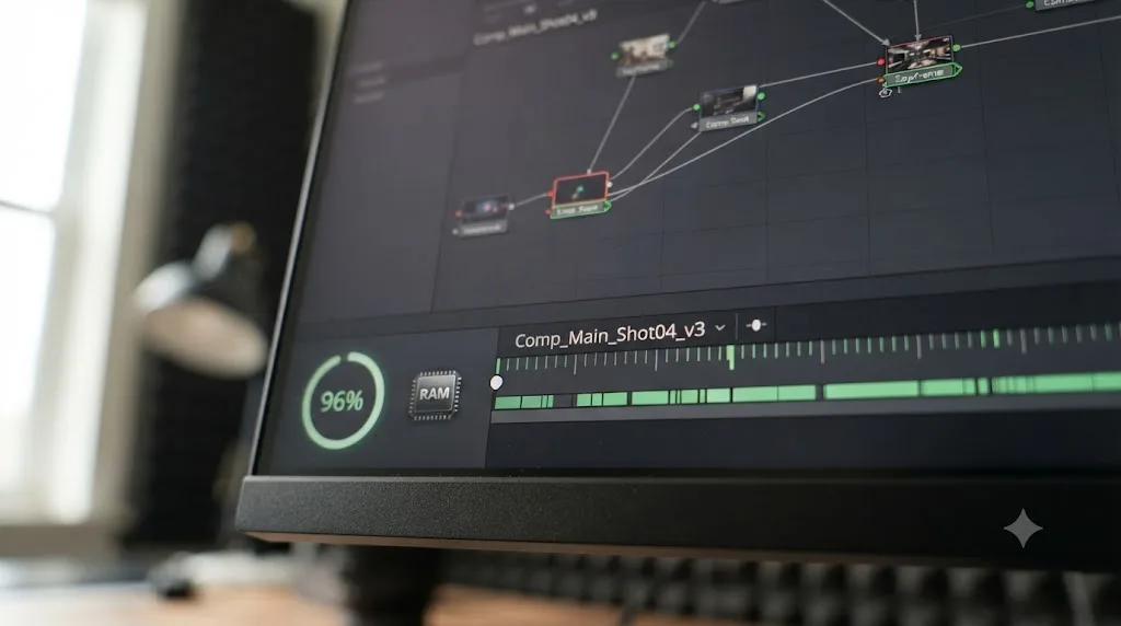 Illustration of a DaVinci Resolve Fusion status bar showing a cache percentage indicator and green cached frame marks