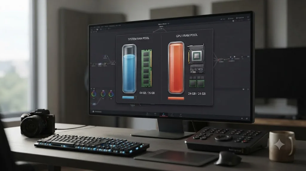 Illustration of a diagnostic diagram splitting DaVinci Resolve Fusion memory into a system RAM pool and a separate GPU VRAM pool