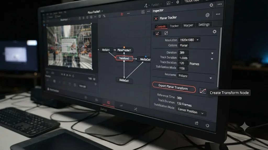 Illustration of the DaVinci Resolve Fusion Planar Tracker Inspector showing the button that bakes tracking data into a standalone Transform node