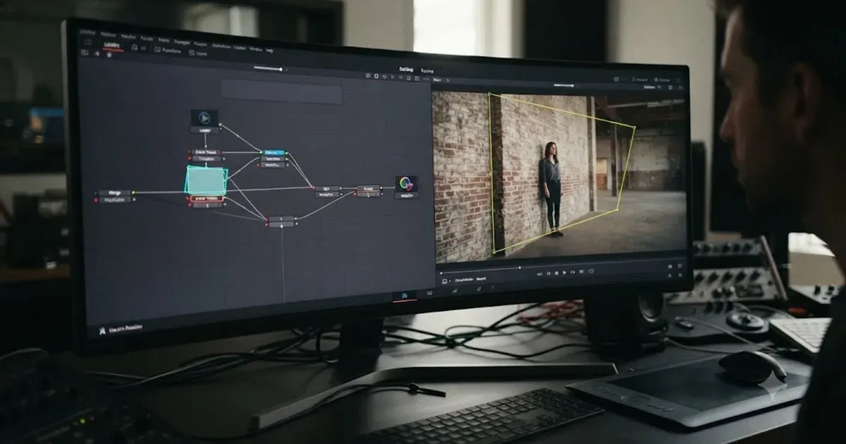 Illustration of a DaVinci Resolve Fusion node graph with a Planar Tracker polygon drifting off a wall inside a video frame