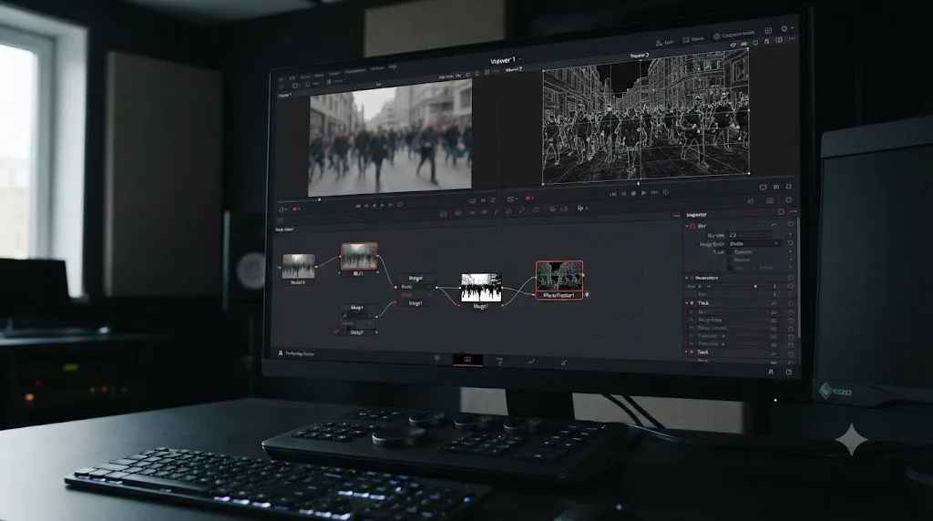 Illustration of a DaVinci Resolve Fusion frequency separation node graph feeding a high-contrast detail image into a Planar Tracker for low-contrast footage