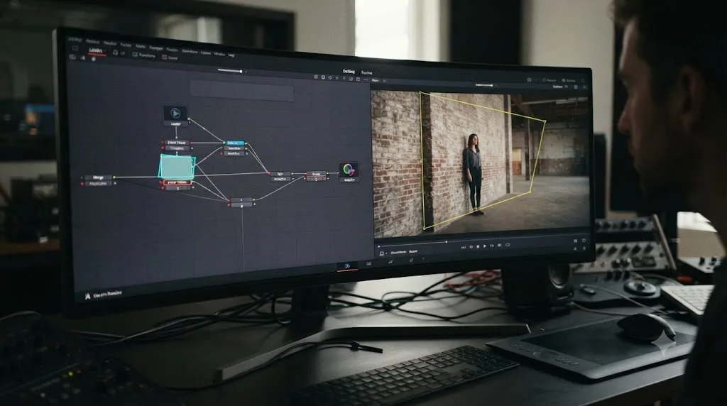 Illustration of a DaVinci Resolve Fusion node graph with a Planar Tracker polygon drifting off a wall inside a video frame