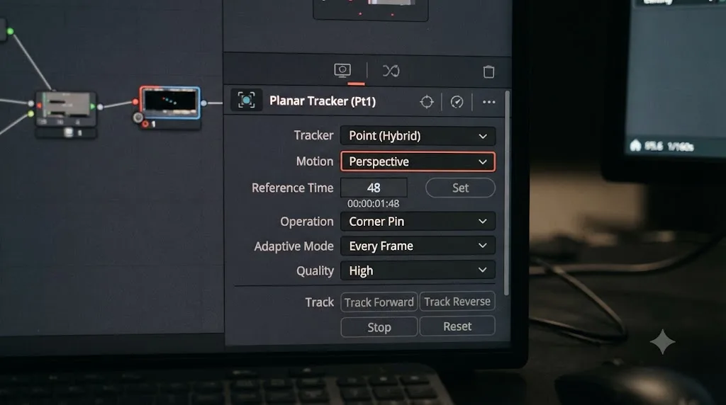 Illustration of the DaVinci Resolve Fusion Inspector panel showing Planar Tracker settings including Tracker type, Motion type, and Reference Time