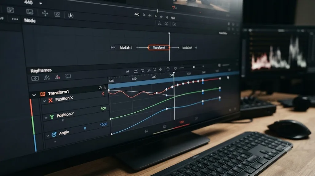Illustration of a DaVinci Resolve Fusion Keyframes panel showing manually corrected Position and Angle curves on a baked Transform node