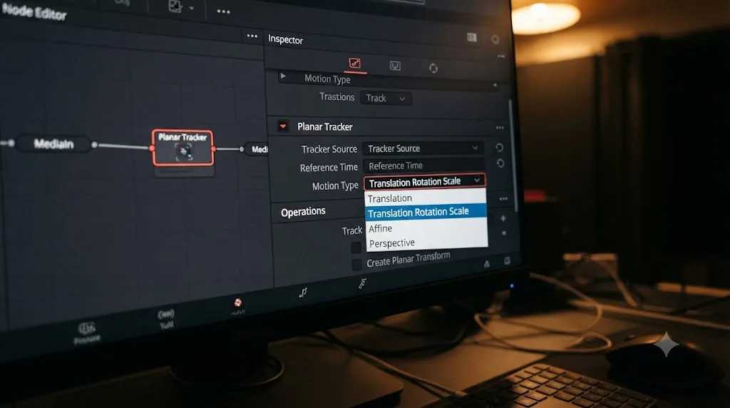 Illustration of the DaVinci Resolve Fusion Planar Tracker Motion Type dropdown showing Translation, Affine, and Perspective options