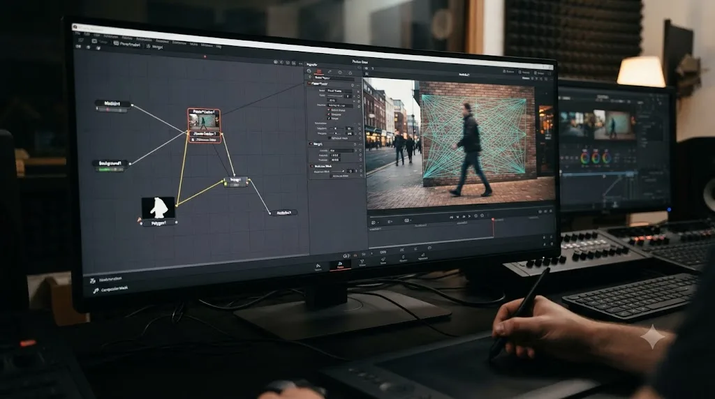 Illustration of a DaVinci Resolve Fusion node graph with a garbage matte mask connected to the Planar Tracker's Occlusion Mask input while a person crosses the tracked surface