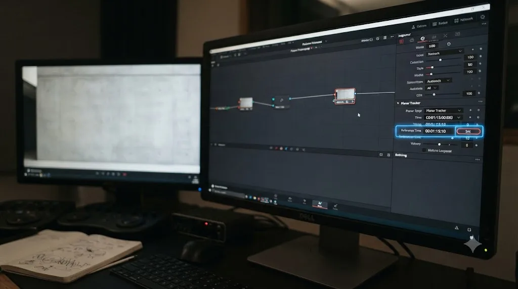 Illustration of the DaVinci Resolve Fusion Planar Tracker Reference Time control with the Set button highlighted next to a clean, unobstructed surface