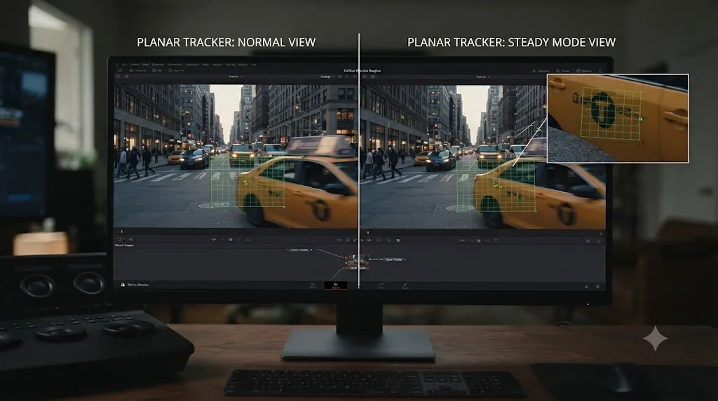 Illustration comparing a DaVinci Resolve Fusion Planar Tracker viewed normally against the same track in Steady mode revealing hidden drift