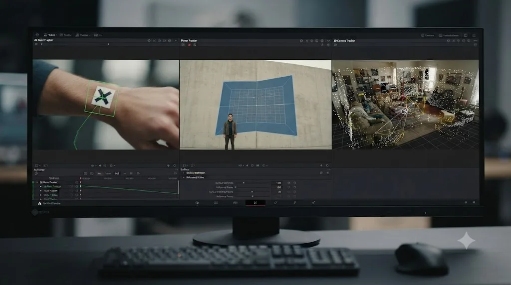 Illustration comparing DaVinci Resolve's 2D Point Tracker, Planar Tracker, and 3D Camera Tracker on three different shot types