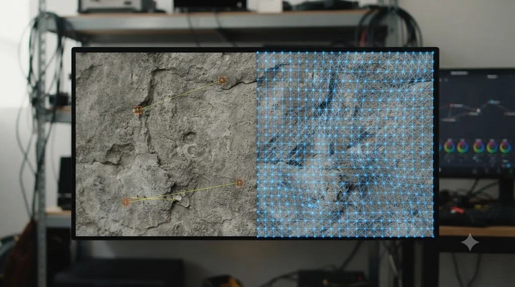 Illustration comparing DaVinci Resolve's Point Tracker following a few feature points against the Hybrid Point/Area tracker covering an entire textured surface