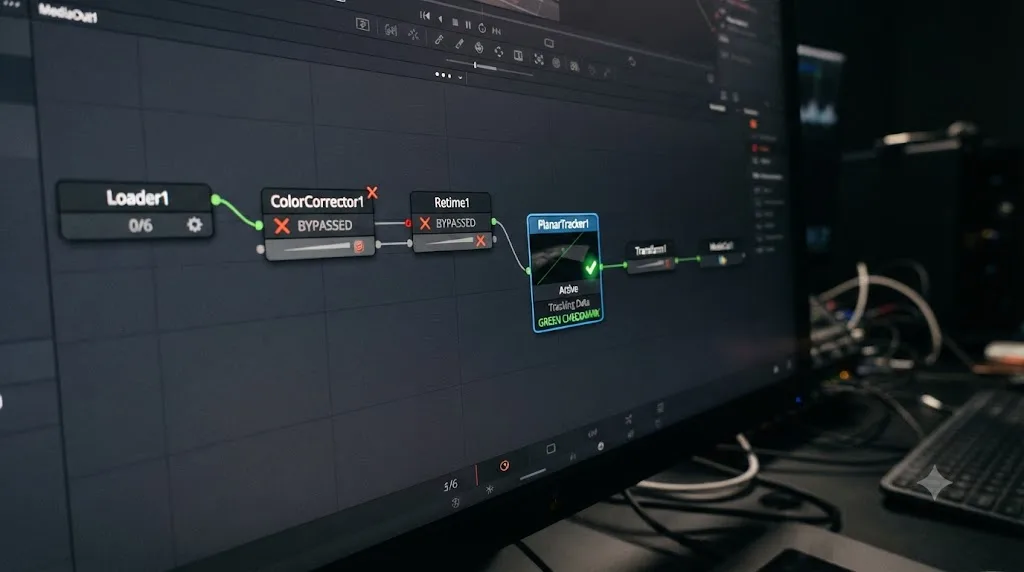 Illustration of a DaVinci Resolve Fusion node graph with color grade and retime nodes bypassed upstream of a working Planar Tracker node