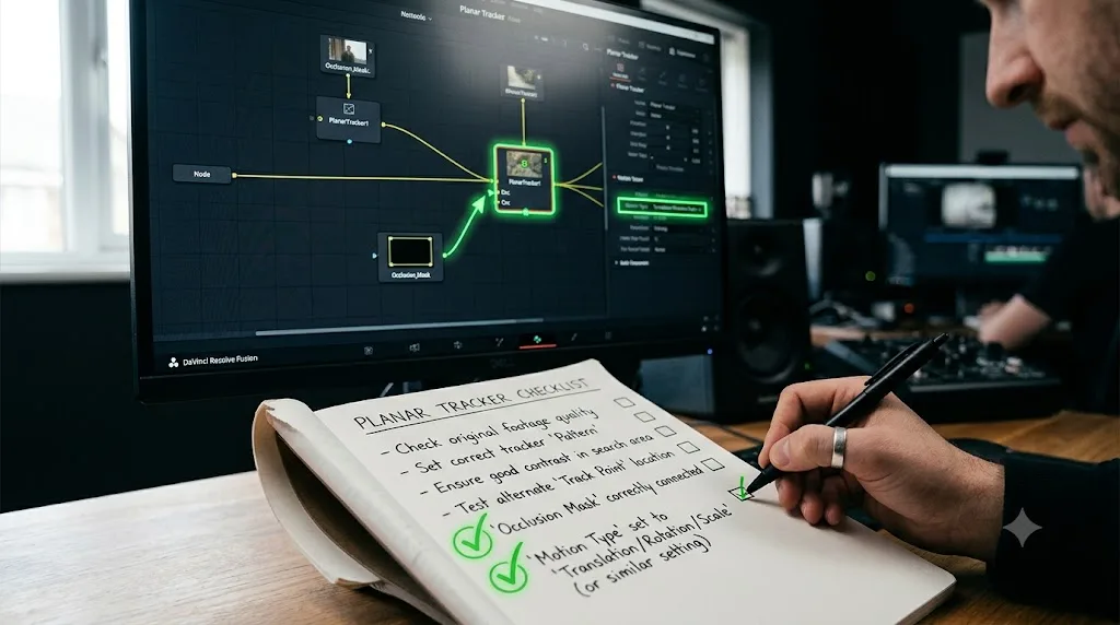 Illustration of a troubleshooting checklist overlaid on a DaVinci Resolve Fusion node graph with an occlusion mask and Motion Type setting highlighted