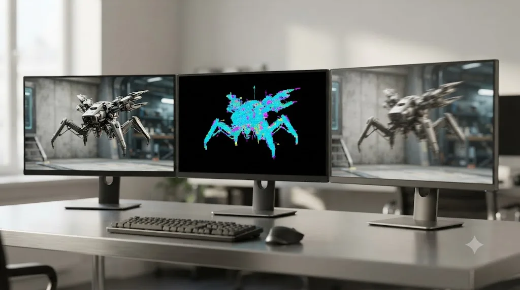Illustration of a 3D render's beauty pass and motion vector pass combined through a DaVinci Resolve Fusion Vector Motion Blur node