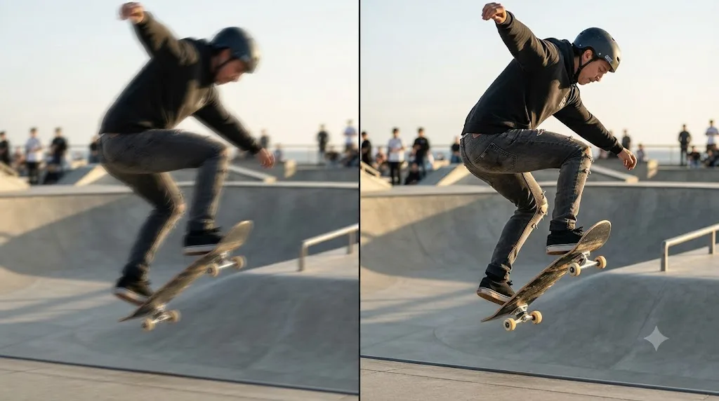 Illustration comparing DaVinci Resolve Fusion's Optical Flow Advanced method against the Classic method on the same fast motion shot