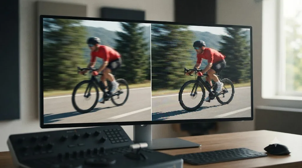 Illustration comparing a clean DaVinci Resolve Fusion Vector Motion Blur result against a blocky, artifact-heavy result on the same shot