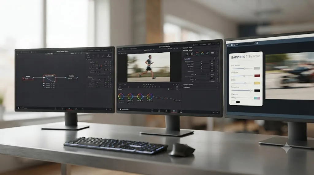 Illustration comparing DaVinci Resolve's Fusion node-based Vector Motion Blur, ResolveFX Motion Blur, and a Sapphire motion blur plugin